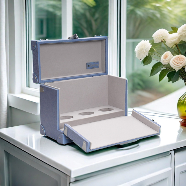 High-quality Haze Blue Wavy Grain PU Leather Perfume Box Suitcase for Travel