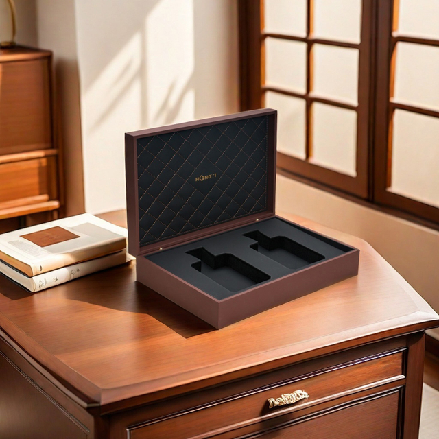 Elegant Dual-Slot MDF Perfume Gift Box with Luxurious Gold Embossed Pattern