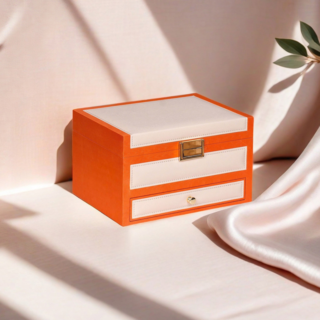 Modern Orange and Cream PU Leather Watch Organizer Case With Drawer