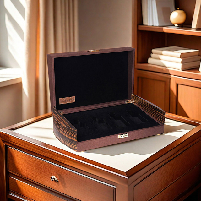 Vintage 4 Slots Leather-Wrapped Wooden Perfume Set Case For Collectors